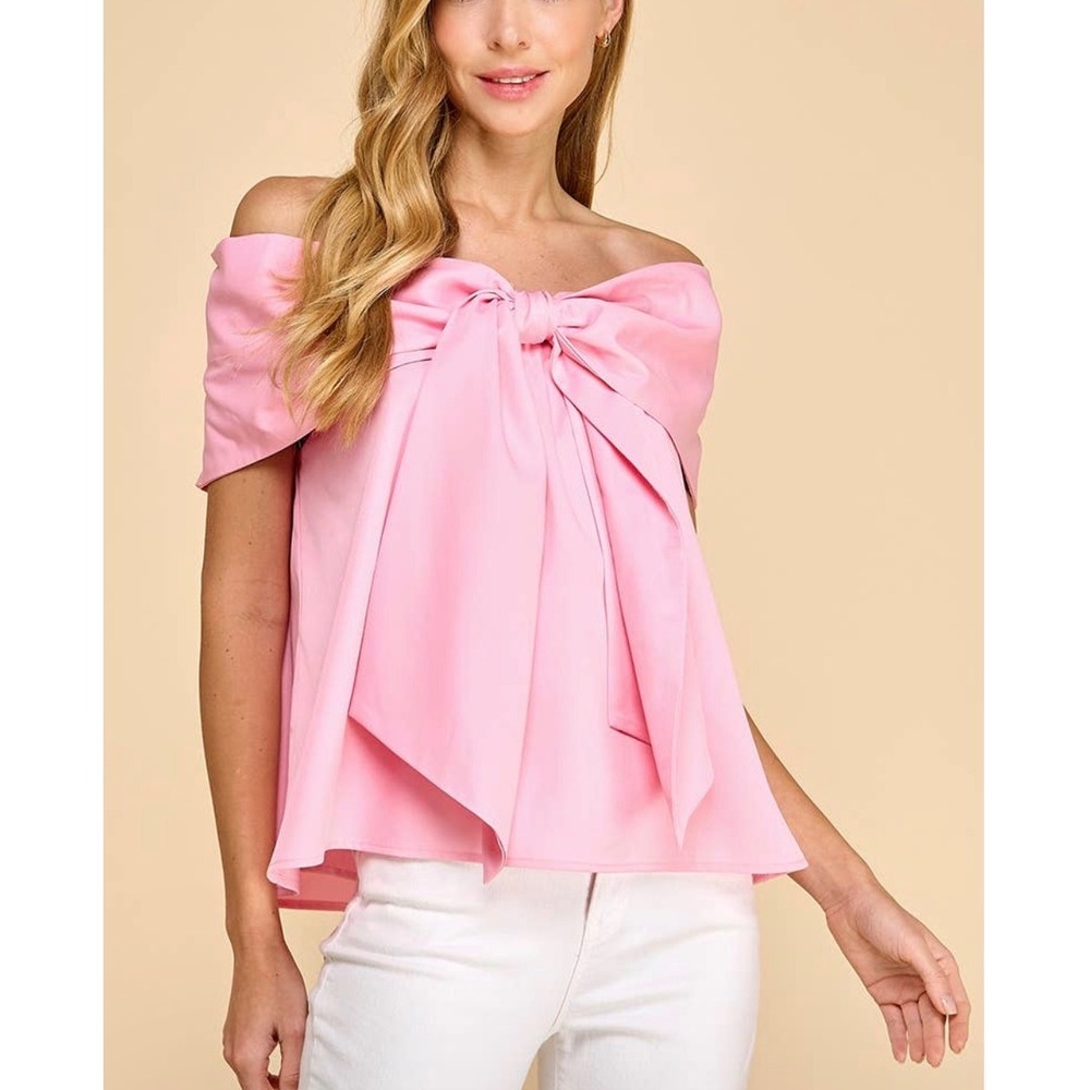 TCEC Women Pink Off the Shoulder Ruffle Bow Front Blouse Top Trending Large
